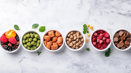 An enticing arrangement of colorful bowls filled with various healthy snacks and dried fruits on a marble surface, perfect for wellness and nutrition.の素材