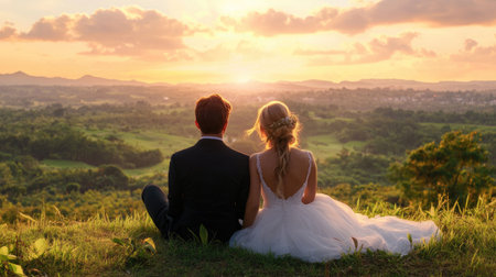 A serene moment captured of a couple sitting on a hilltop, overlooking a breathtaking sunset and lush green landscape. Perfect for themes of love and romance.の素材
