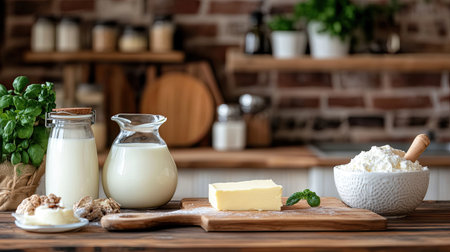 A serene kitchen scene featuring fresh dairy products including milk, butter, and yogurt. Rustic decor enhances the natural appeal, ideal for culinary inspiration.の素材