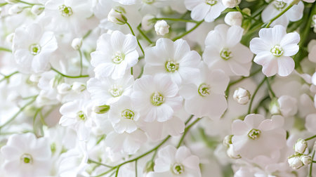 A captivating close-up of delicate white flowers in soft bloom, creating a serene and peaceful atmosphere, perfect for nature-themed designs and projects.の素材