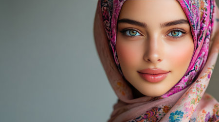 A stunning portrait of a young woman with captivating blue eyes, adorned in a colorful headscarf. Her expression reflects beauty and confidence, emphasizing elegance.の素材
