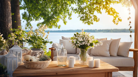 A serene outdoor living area featuring a wooden table with flowers, candles, and a cozy sofa. This peaceful scene by the water embodies relaxation and tranquility.の素材