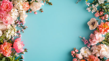 A vibrant arrangement of colorful flowers frames a bright blue background, perfect for creative designs, invitations, or artistic presentations. Ideal for spring themes!の素材