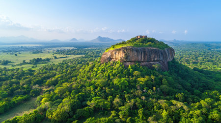Captivating aerial shot of a lush green hill featuring ancient ruins atop, surrounded by rich vegetation and breathtaking landscapes under a clear sky.の素材