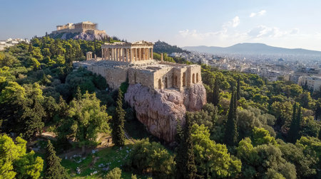 Breathtaking aerial view of the Acropolis in Athens, Greece, showcasing ancient ruins nestled among lush greenery and a vibrant urban landscape, ideal for travel imagery.の素材