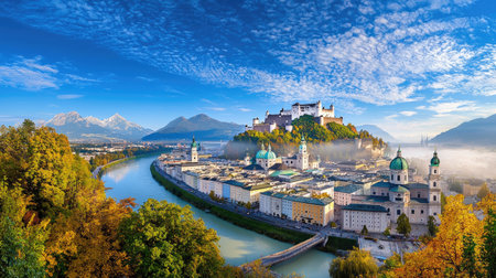 This stunning image captures the breathtaking view of Salzburg, showcasing its historic fortress, majestic mountains, and serene river, under a clear blue sky.の素材