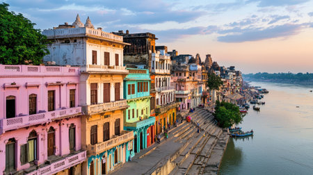 This stunning image captures the serene riverfront with vibrant historical buildings reflecting on the calm waterway at dusk in India.の素材