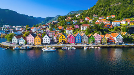 This stunning image showcases vibrant, colorful houses lining a serene waterfront, set against majestic mountains. The bright blue sky reflects in the calm water, creating a picturesque scene ideal for travel enthusiasts and photographers alike.の素材