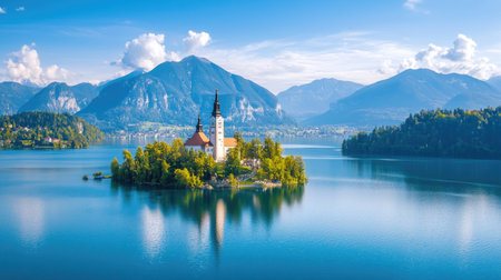 Discover the breathtaking beauty of Lake Bled with its serene waters reflecting a charming island church, embraced by majestic mountain ranges.の素材