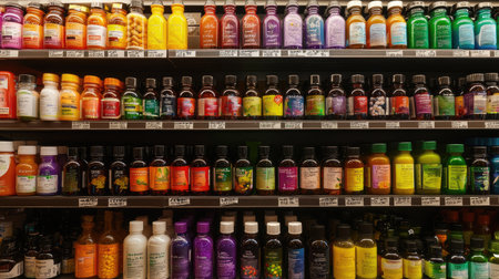 A vibrant collection of vitamins and supplements arranged neatly on store shelves, showcasing an array of colors and products for health enthusiasts.の素材