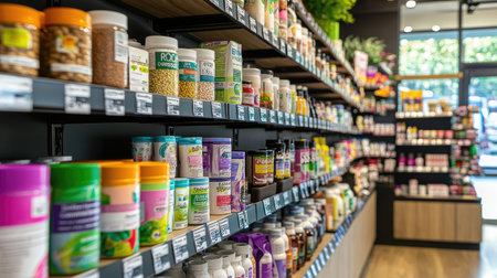 Bright and organized shelves filled with a variety of dietary supplements and health products in a modern store setting, perfect for health-conscious consumers.の素材