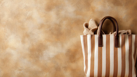 This image features a stylish striped bag with brown leather handles set against a warm, neutral background, perfect for lifestyle and fashion themes.の素材
