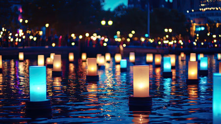 A serene night scene featuring floating lanterns of various colors illuminating the calm water, creating a peaceful urban atmosphere filled with tranquility.の素材