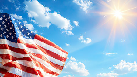 A stunning image of a waving American flag set against a bright blue sky, enhanced by sunlight and fluffy clouds. Perfect for patriotic themes.の素材
