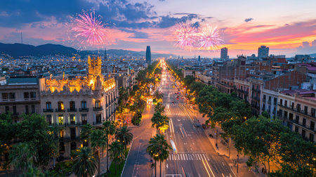 A stunning panoramic view captures a vibrant sunset over a bustling city with fireworks lighting up the evening sky and lively streets adorned with palm trees.の素材