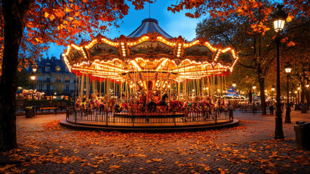 A stunning carousel adorned with colorful lights stands in the middle of an autumn park, surrounded by vibrant orange leaves at dusk, creating a magical atmosphere.の素材