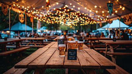 A vibrant outdoor festival scene featuring wooden tables adorned with beer glasses, string lights overhead, and a lively crowd enjoying the summer evening atmosphere.の素材