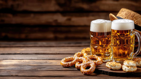 Two glasses of golden beer with frothy tops sit on a rustic wooden table next to pretzels and cookies, creating a perfect setting for celebrations.の素材