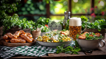 Indulge in this beautifully arranged German feast featuring mouthwatering pretzels, savory greens, and refreshing beer, perfect for gatherings.の素材
