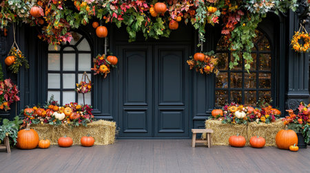 A stunning autumn scene featuring pumpkins and colorful leaves adorning an outdoor entrance, creating a warm and inviting ambiance perfect for seasonal celebrations.の素材