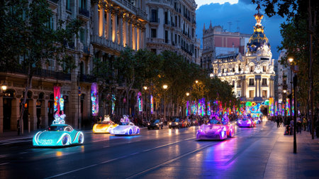 A breathtaking view of a vibrant city street at night adorned with colorful light displays and artistic decorations, showcasing lively cars and historic buildings.の素材