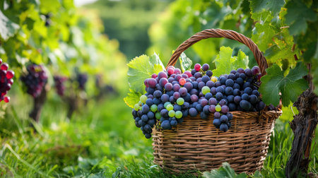 A beautifully arranged basket brimming with fresh grapes sits amidst a vibrant vineyard, showcasing the essence of harvest season in natureの素材