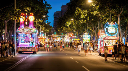 A lively city street filled with colorful lights and joyful crowds during a vibrant night festival, showcasing entertainment, attractions, and festive spirit.の素材