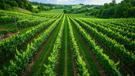 Captivating vineyard scene featuring rows of vibrant green grapevines stretching across rolling hills, embodying the beauty and serenity of rural agriculture.の素材