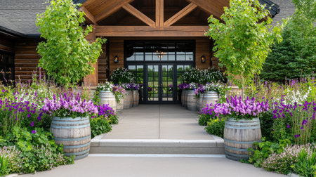 A stunning entrance featuring an array of vibrant flowers and lush greenery, framed by rustic wooden architecture. The inviting pathway creates a warm and serene atmosphere, perfect for summer gatherings or tranquil moments in nature.の素材