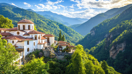 An enchanting view of a historic monastery nestled among lush green mountains, showcasing stunning natural beauty and a peaceful environment.の素材