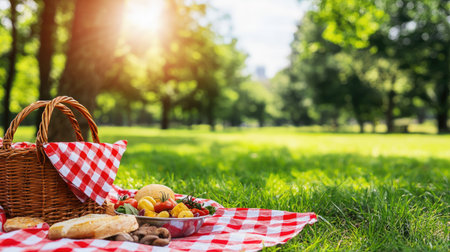 A delightful picnic scene featuring a checkered blanket laid on lush green grass, adorned with a basket filled with fresh fruits and delicious snacks, embodying relaxation and enjoyment in a sunny park atmosphere.の素材