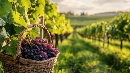 A woven basket filled with freshly harvested grapes rests among lush vineyard rows, basking in the warm glow of the afternoon sunlight, showcasing rural beauty.の素材