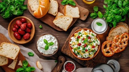 A vibrant arrangement of fresh ingredients on a rustic wooden table, featuring salads, bread, and herbs, showcasing healthy eating and culinary creativity.の素材