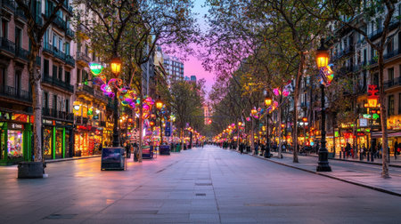 A picturesque view of a tree-lined street at sunset with colorful lights illuminating the shops, creating a vibrant urban atmosphere filled with leisurely visitors.の素材