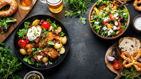 This image showcases a well-prepared gourmet salad featuring crispy chicken, fresh vegetables, and tasty herbs, complemented by a refreshing beverage and hearty sides.の素材