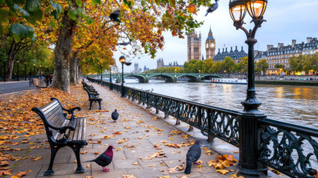 A serene autumn scene showcasing a riverbank adorned with colorful leaves, benches, and pigeons, framed by historic architecture and a cloudy sky.の素材