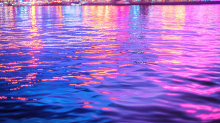 A stunning nighttime scene showcasing vibrant reflections of colorful lights on calm water, creating an atmosphere of serenity and urban beauty.の素材