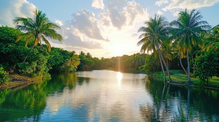 A breathtaking view of a tropical lagoon at sunset, featuring lush palm trees and vibrant greenery, reflecting the warm sunlit sky on the tranquil water.の素材