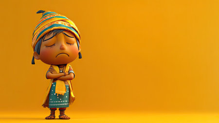 3D Indian cartoon character showing sorrow, head hung low, with ample space around for textの素材