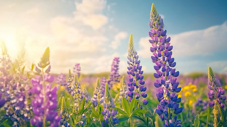 A field of blooming lupines in the European countryside, with room for copy against the open skyの素材