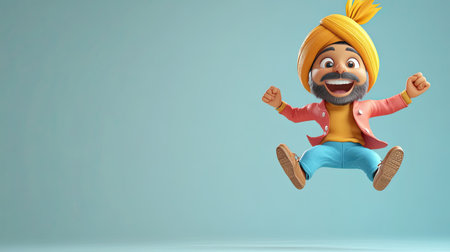 3D Indian cartoon character jumping in joy, with wide space for copy in the clean backgroundの素材