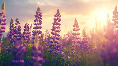 A field of blooming lupines in the European countryside, with room for copy against the open skyの素材