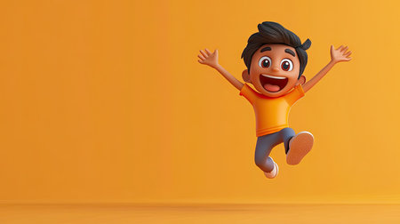 3D Indian cartoon character jumping in joy, with wide space for copy in the clean backgroundの素材