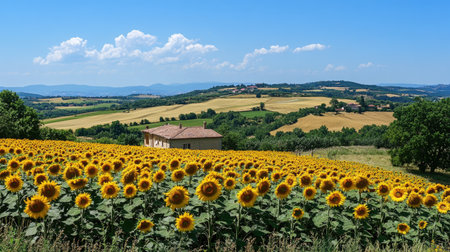 A scenic view of sunflower fields in Europe, golden blooms swaying with room for copy in the blue sky aboveの素材