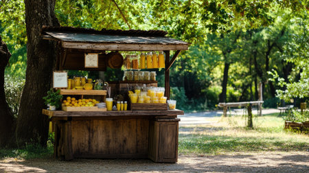 A summer lemonade stand set up in a park, with open space for copyの素材