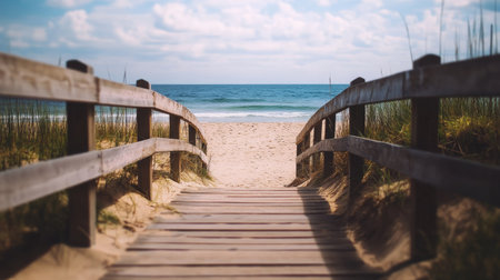 A wooden boardwalk leading to a summer beach, leaving room for copy in the sandの素材