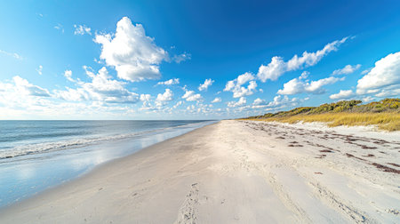 A wide shot of a deserted sandy beach, with room for copy in the skyの素材