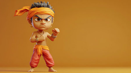 Angry 3D Indian cartoon character shaking a fist, with clear background space for text or brandingの素材