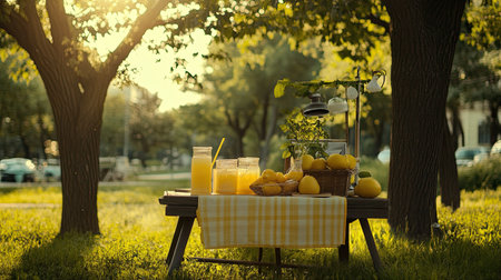 A summer lemonade stand set up in a park, with open space for copyの素材