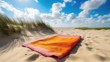 Bright beach towel spread out on the sand, with open space for text in the skyの素材